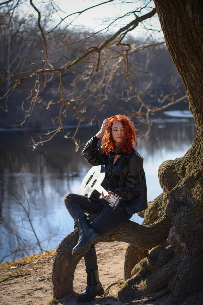 nature, autumn, river, guitar, music, young woman, music, music, music, music, music